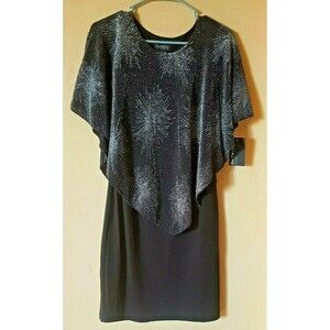 NWT En Focus Studio Size 4 Black Sleeveless Silver Shimmer Midi Drape Dress